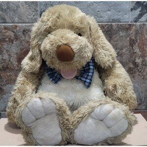 Dog Shaggy Plush Light Brown Fur Floppy Ears Blue White Plaid Bow Tie Stuffed An